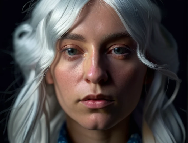 (front focus), (in the dark:1.6), Hyperrealist portrait of female by david hockney and alphonse mucha, fantasy art, photo realistic, dynamic lighting, artstation, poster, volumetric lighting, very detailed faces, 4 k, award winning, 1girl, in the dark, deep shadow, low key, cowboy shot, (official clothing:1.4), long hair, white hair