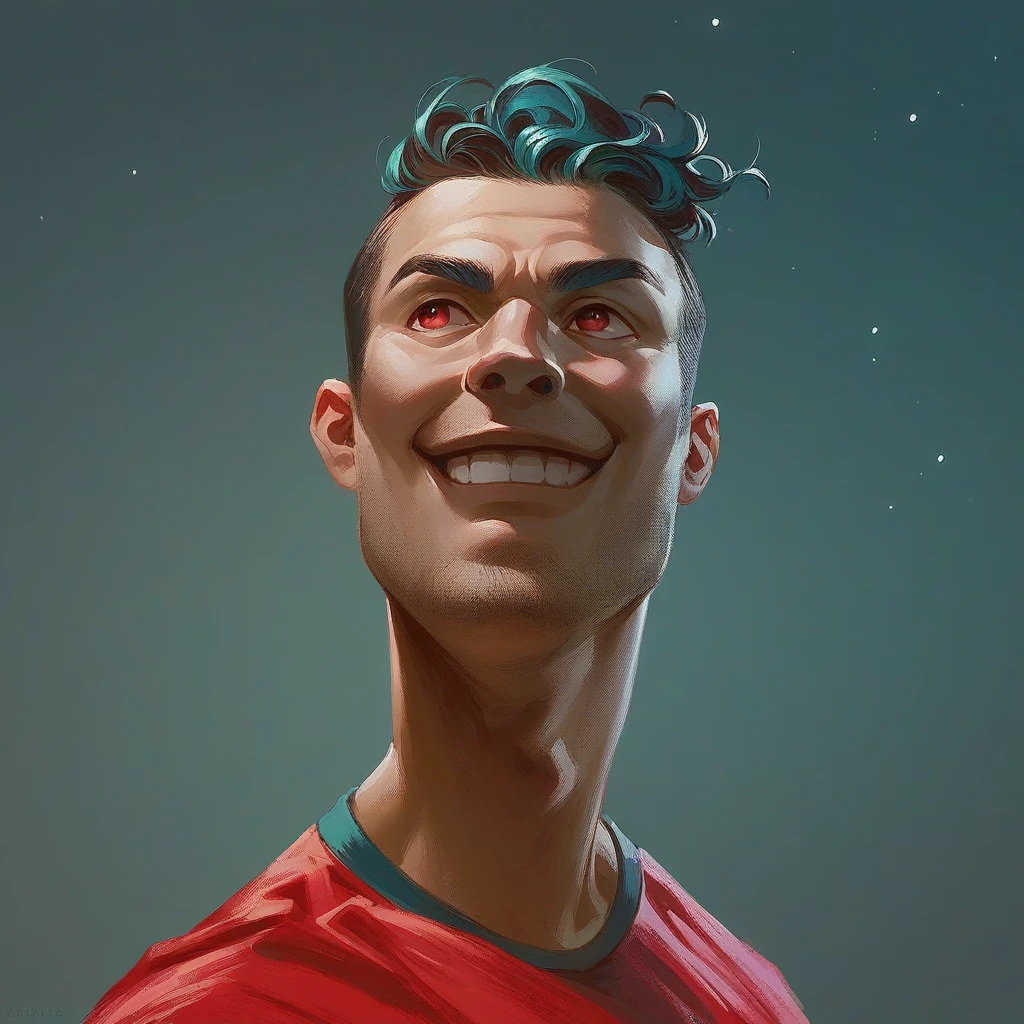 a man, teal hair, red eyes, smile, angel wings, golden halo, jersey real madrid, standing upright, in outer space, Milky Way in the background, stars in the distance, upper body