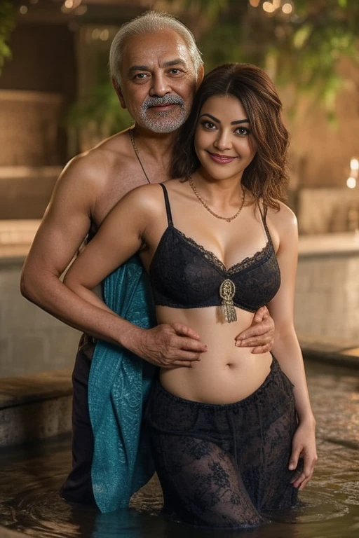 ,Nsfw,A Indian old man and girl in the water fall stone, standing pose, detailed, Indian Oldman, beautiful girl, couple pose, realistic, high quality, couples, romantic waist gripping pose, Indian actress, subtle smile, curvy, swooping breasts, saree, couples pose, big cheeks,deep cleavage,blue saree,sexy girl, kajal,black Old man, detailed, Indian actress,french braid hair, necklace, sultry, seductive eyes, look at viewer and smile, (cinematic:1.3),