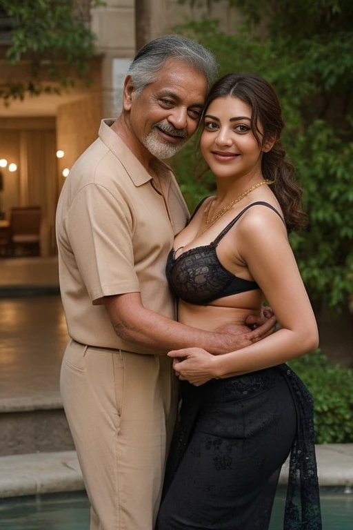 Day scene,kajal and Oldman, Indian black old man, couple pose, a Oldman and kajal in under the water fall, black lace bra and saree, detailed old man, old man gripping kajal waist,big cheeks, curvy, Hollywood lips, wet navel, deep cleavage, necklace, erotic face, 36 yo, ponytail, look at viewer and smile, (cinematic:1.3), intricate details, (ArtStation:1.2),Oldman and beautiful girl posing to viewers, detailed Oldman, old man waist gripping,