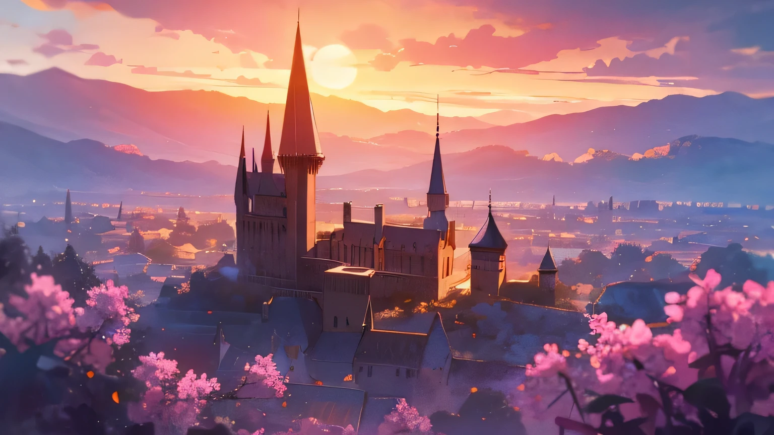 A vampire night in the night, a dark castle, yellow sunset, pink flowers gothic style in the background, harry potter styles, witches and warlocks on the air with blooms