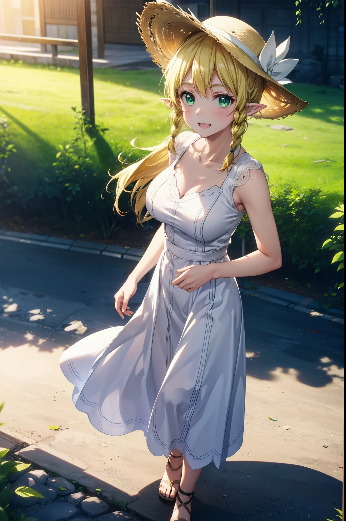 Suguhakirigaya, Suguhakirigaya, Long Hair,Blonde,Green Eyes,Pointy Ears,Short braids,,happy smile, smile, Open your mouth,Big Breasts,White straw hat,White sleeveless dress, bare arms,Green long skirt,Cute Sandals,Walking,Clear skies,whole bodyがイラストに入るように,
break outdoors, nature, forest,
break looking at viewer, whole body,
break (masterpiece:1.2), Highest quality, High resolution, unity 8k wallpaper, (shape:0.8), (Beautiful attention to detail:1.6), Highly detailed face, Perfect lighting, Extremely detailed CG, (Perfect hands, Perfect Anatomy),