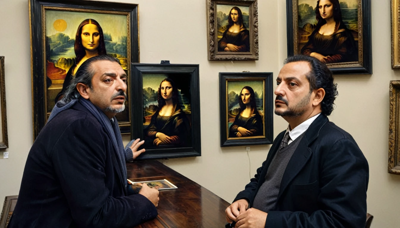 "Vincenzo Peruggia in an art dealer's office in Florence, Italy, trying to sell the Mona Lisa. The dealer looks skeptical, examining the painting closely."
