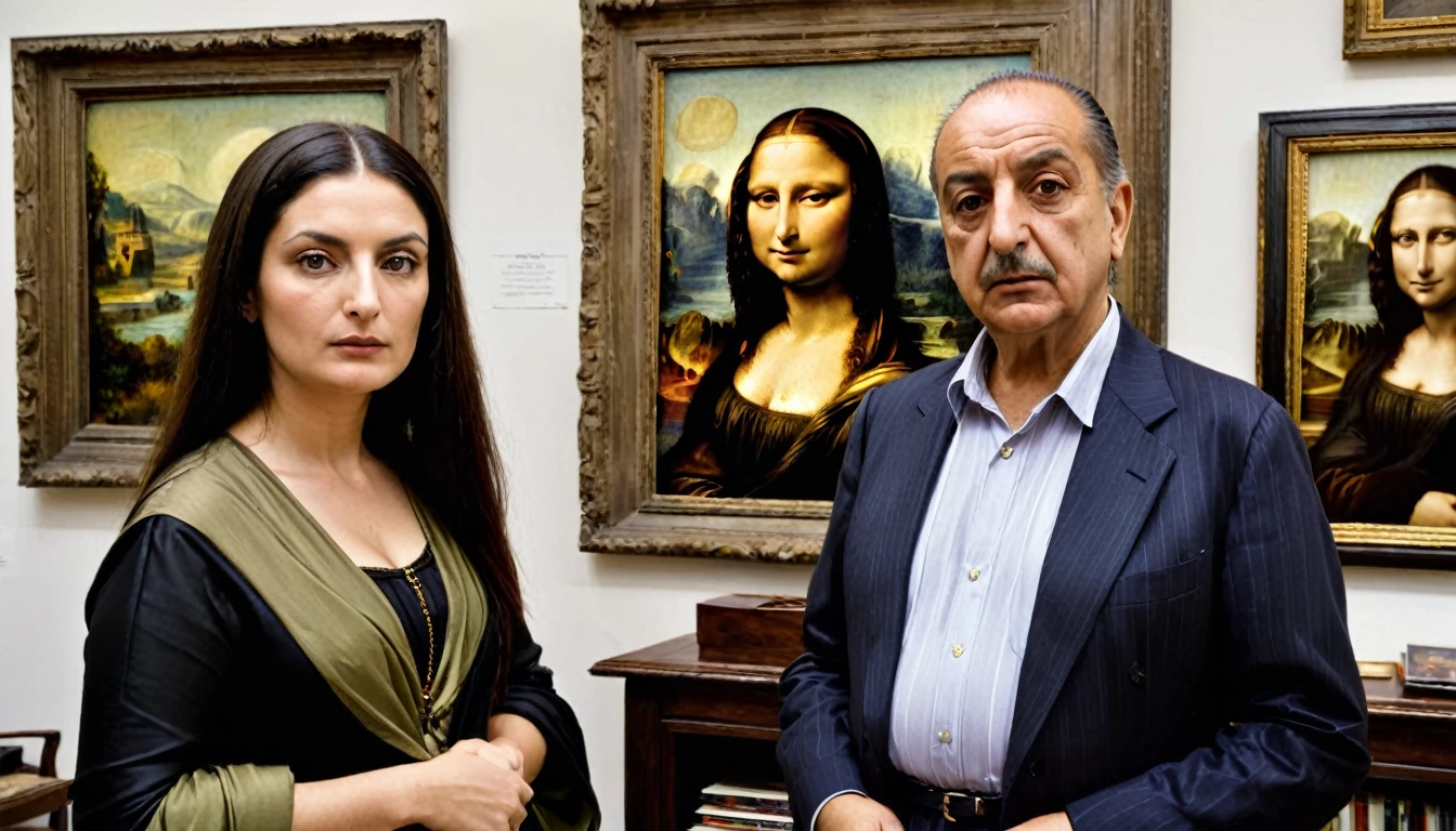 "Vincenzo Peruggia in an art dealer's office in Florence, Italy, trying to sell the Mona Lisa. The dealer looks skeptical, examining the painting closely."