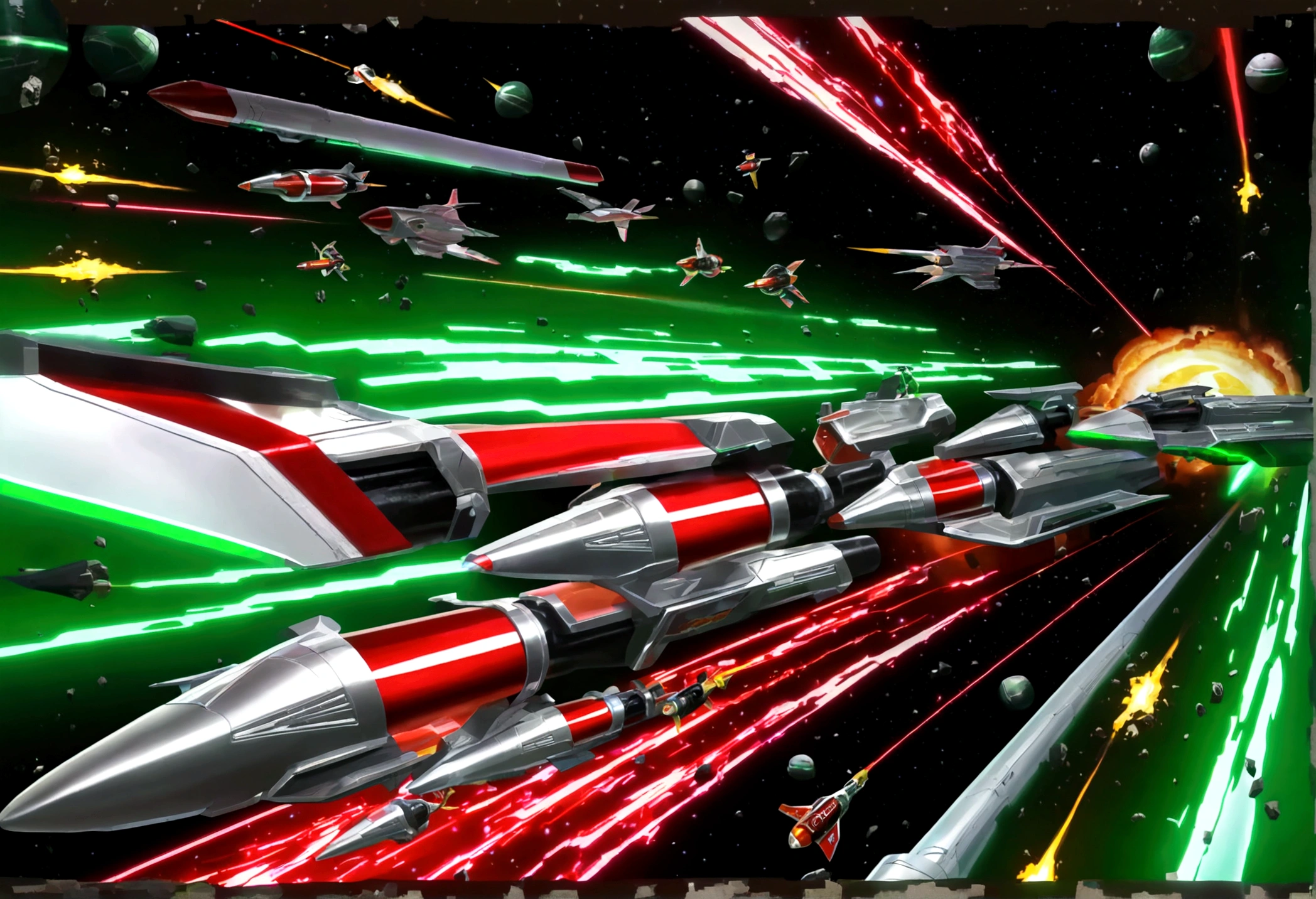 a highly detailed, epic space battle scene, a robotic Coca-Cola army with striking red and white colors battling against the robotic samurai warriors of the Mountain Dew clan with their iconic green and yellow color scheme, massive spaceships firing powerful laser beams, rocket thrusters, explosions, detailed futuristic technology, cinematic lighting, photorealistic, 8k, hyper detailed