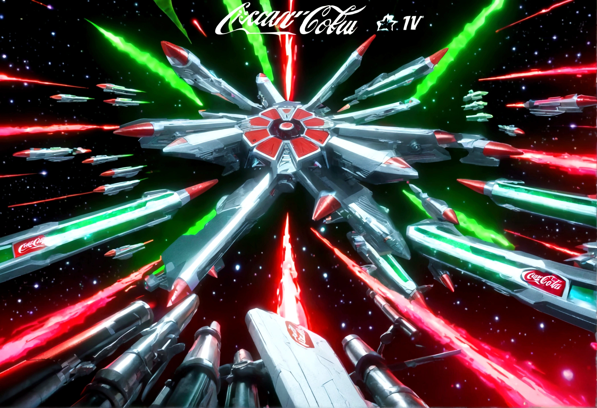 a highly detailed, epic space battle scene, a robotic Coca-Cola army with striking red and white colors battling against the robotic samurai warriors of the Mountain Dew clan with their iconic green and yellow color scheme, massive spaceships firing powerful laser beams, rocket thrusters, explosions, detailed futuristic technology, cinematic lighting, photorealistic, 8k, hyper detailed