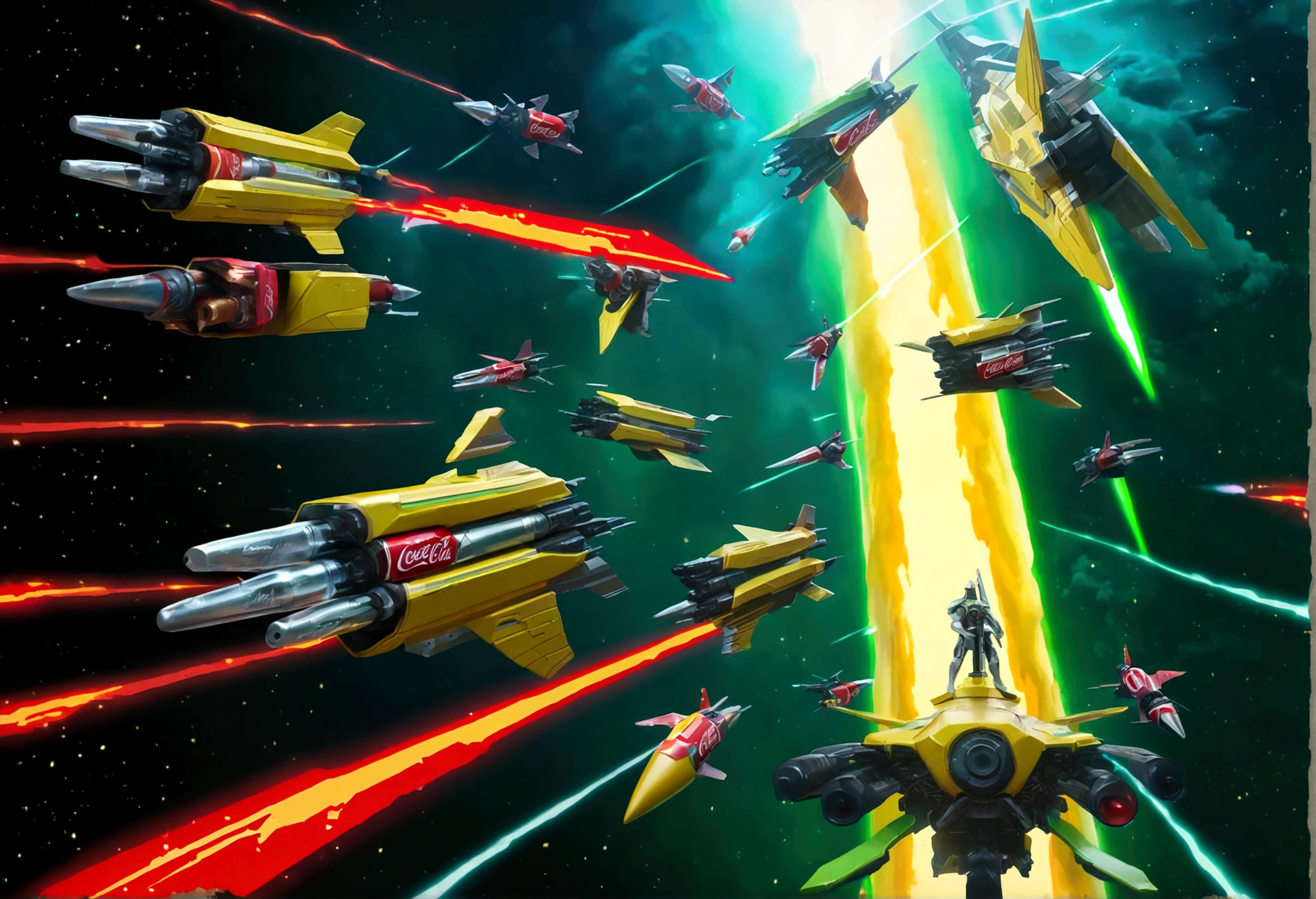 a highly detailed, epic space battle scene, a robotic Coca-Cola army with striking red and white colors battling against the robotic samurai warriors of the Mountain Dew clan with their iconic green and yellow color scheme, massive spaceships firing powerful laser beams, rocket thrusters, explosions, detailed futuristic technology, cinematic lighting, photorealistic, 8k, hyper detailed