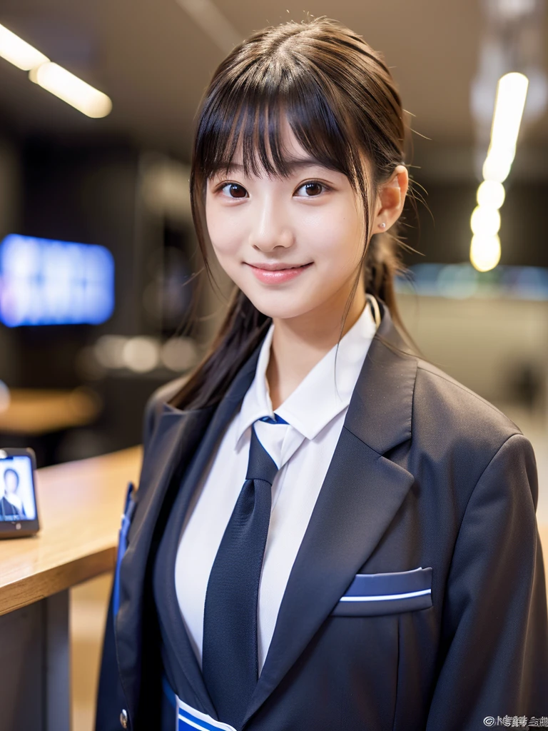 masterpiece、超High resolution、She is very cute and young like an idol...々Cute 18 year old business woman、Gentle and cute、A kind smile、(((She works in a bikini)))、((She is about the height of a middle school student.))、Medium Bust、Working in an office with a business desk in a building ((He is having a conversation with a male employee wearing a suit.)). whole body、RAW Photos、Genuine、High resolution、Live Action