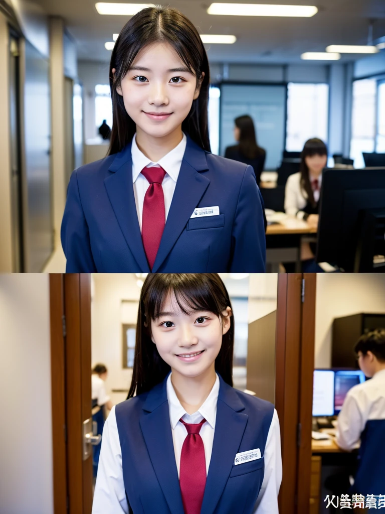masterpiece、超High resolution、She is very cute and young like an idol...々Cute 18 year old business woman、Gentle and cute、A kind smile、(((She works in a bikini)))、((She is about the height of a middle school student.))、Medium Bust、Working in an office with a business desk in a building ((He is having a conversation with a male employee wearing a suit.)). whole body、RAW Photos、Genuine、High resolution、Live Action