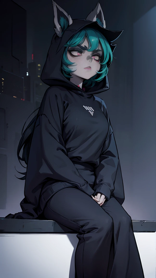 girl, large black sweatshirt, sitting posture, calm look, a dark room, evil eyes, glowing skin, Looking ahead, facial expression