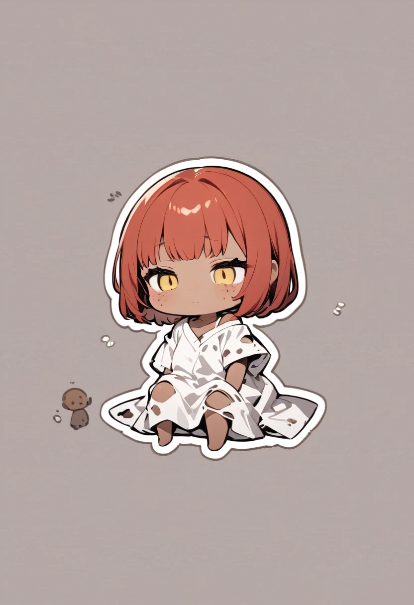 full body,1 girl, Android girl, (cute:1.3),red Hair, long hair,left eye yellow, right eye blus, tan skin, freckles, {Bare shoulders, oversized torn hospital gown, old, dirty material,chibi emote, chibi character, emotionless eyes, sad face, no shoes
