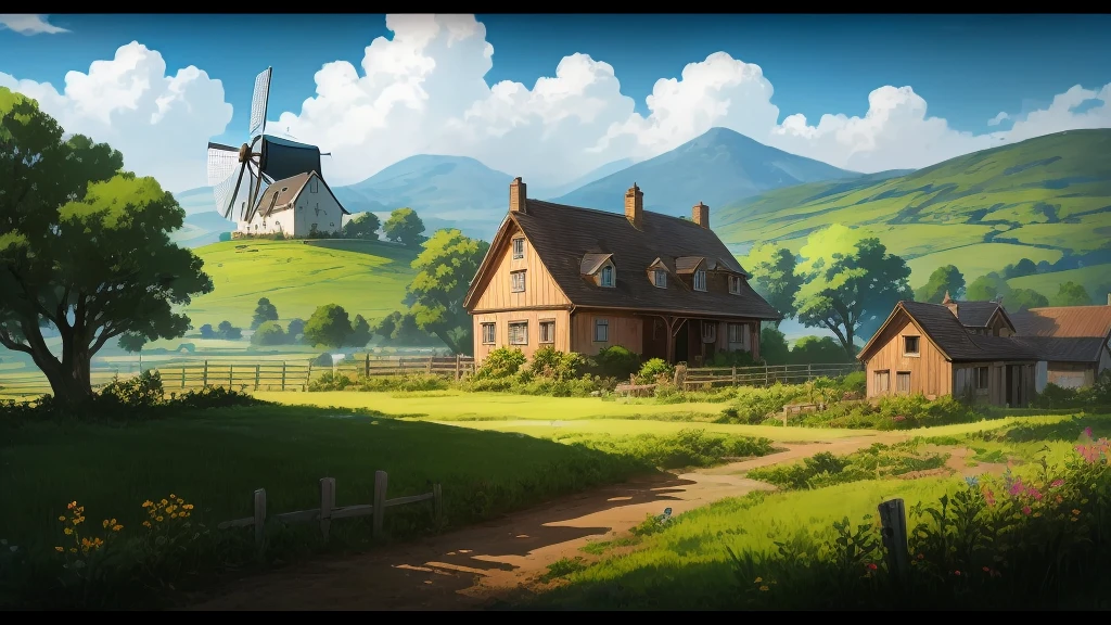 Animated scene of a farm with a house and a windmill, Anime countryside landscape, Anime Scenery concept art, Painted in an anime artist&#39;s studio, Anime Background Art, Anime scenery, Landscape Game Concept Art, beautiful Anime Scenery, Lo-fi art style, Makoto Shinkai&#39;s Style, Created by Anime Painter Studio, Anime Scenery, Studio Greeble Makoto Shinkai