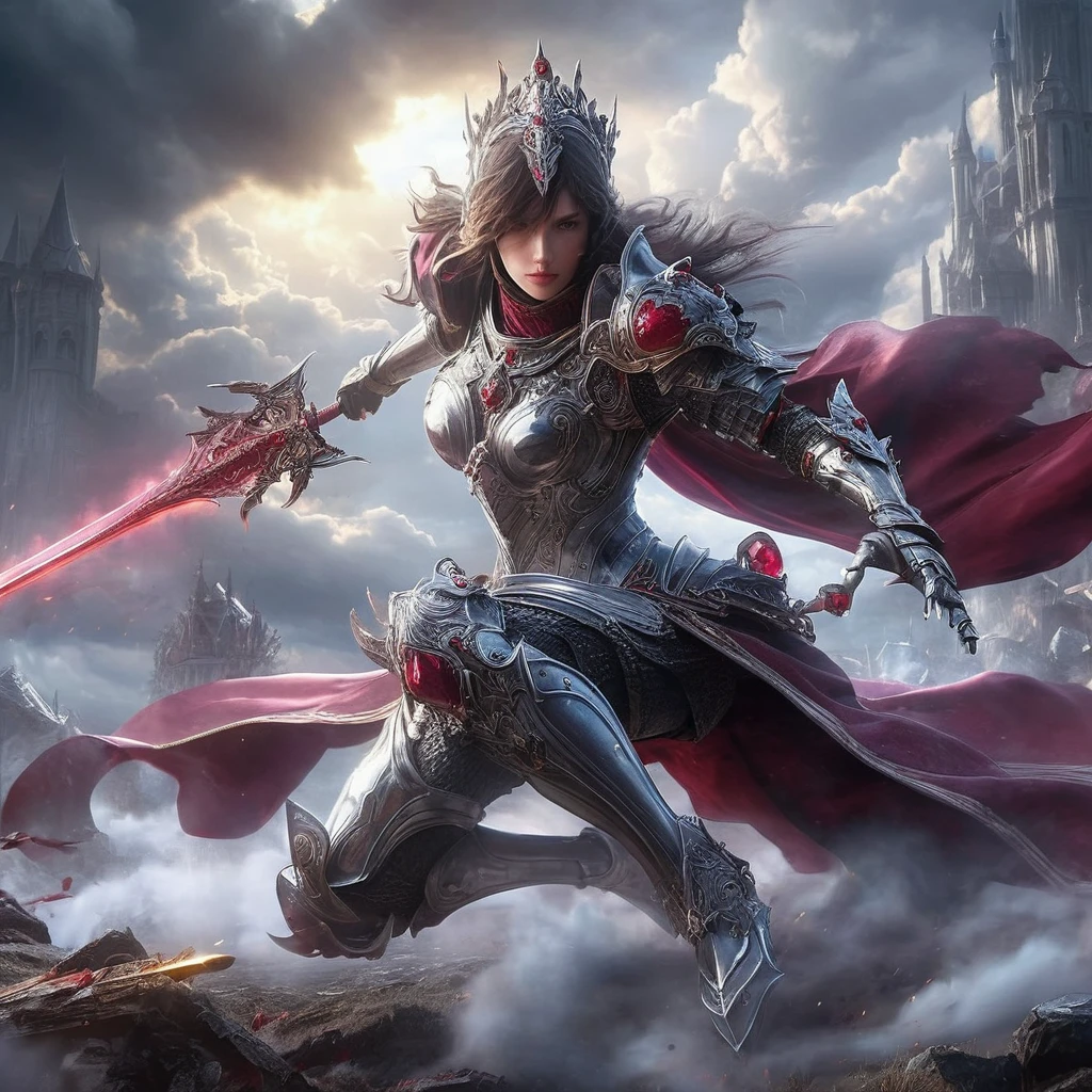 fantasy art, a fearless female knight adorns a holy armor made of ruby and polymer materials. She lunges forward with agility and grace, her sword drawn and ready. The background is a chaotic battlefield, ominous clouds, very detailed,UHD, cinematic