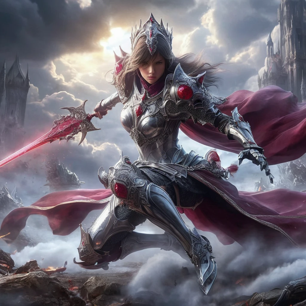 fantasy art, a fearless female knight adorns a holy armor made of ruby and polymer materials. She lunges forward with agility and grace, her sword drawn and ready. The background is a chaotic battlefield, ominous clouds, very detailed,UHD, cinematic