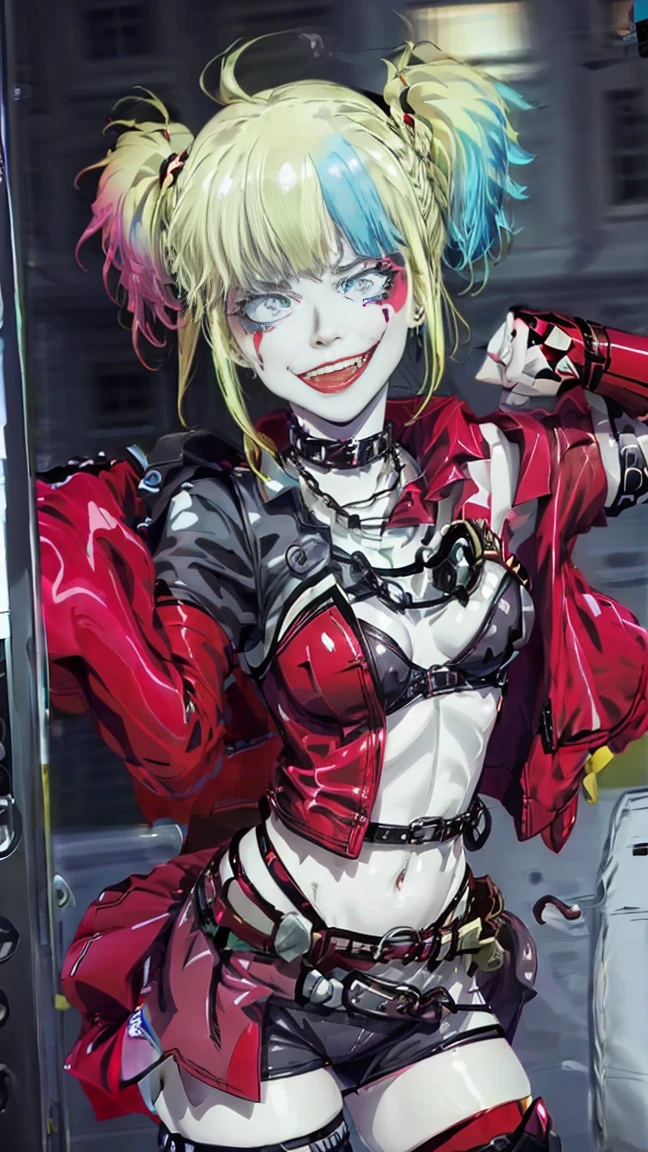 masterpiece, Best quality, A high resolution, 1 girl, hair braided in two short ponytails, Harley Quinn from Suicide Squad, open jacket with short sleeves shorts studded belt mesh belt chain gloves bracelet hand on hip, smile, woman, adult girl, real photos、smile, tmasterpiece, (pink kimono), seductive face, Ideal girl, perfect details, Ultra HD |, 8 k, professional photo, anime style,