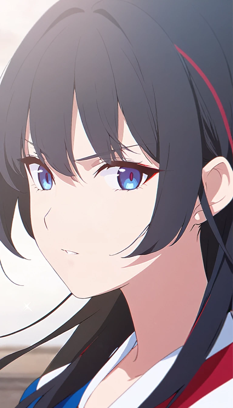 girl, anime, long hair with red and blue lines, pretty eyes, black hair