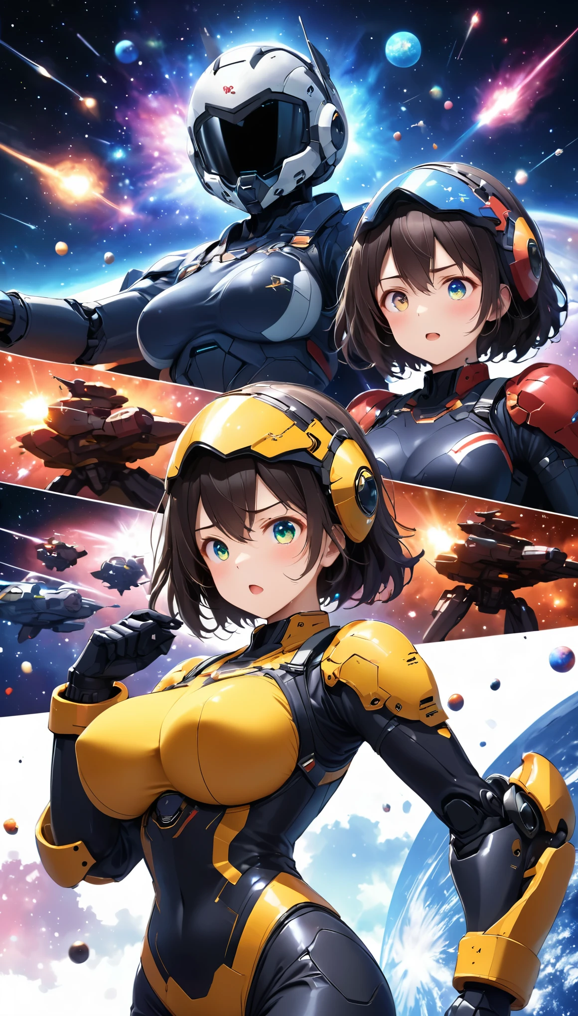 Highest quality, Highest quality, 16K, Unbelievably absurd, Very detailed, 2.5D, delicate and dynamic, universe, ロボットwar, war, , Vivid Earth, Tiny faint lights and colorful meteors, space ships, universeステーション, Very delicate facial expressions, Delicate eye depiction, Upper body close-up,, erotic, dynamic sexy poses, One sexy woman, Healthy body shape, 22-year-old woman, Fighter pilot, Height: 170cm, big firm bouncing busts, Full Face Helmet, A robot suit with a complex structure, Robot Suzu with complex colors, Tight robot suit, , Movie battle scenes, Ready your gun?