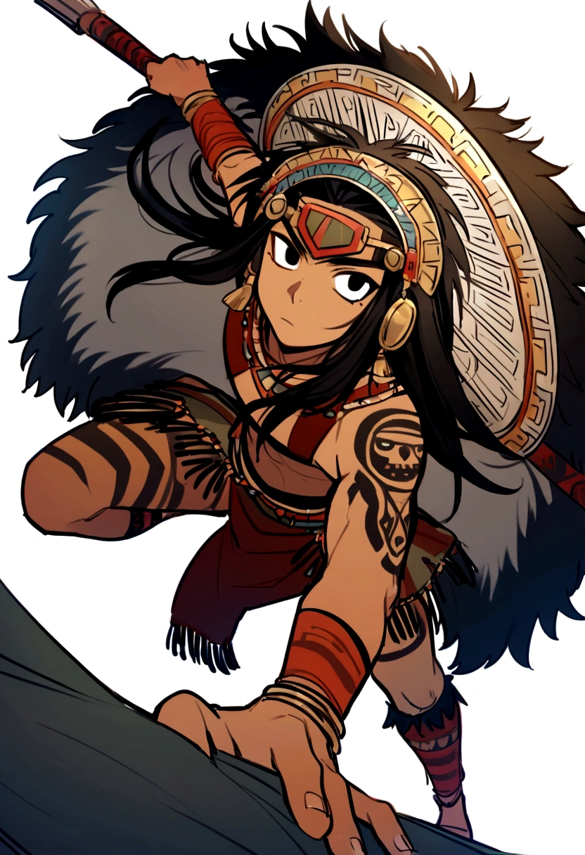 higrres 1 boy, joung boy, 15 years old, all lefth arm aztec tatto, bare soulders, full body, nails, black eyes, black hair, aztec weapon, long hair, looking at viewe, male focus, tattoo, aztec shield, aztec, tribal warrior, tribal armor, dark-skinned, aztec helmet, jaguar skin cape, combat pose, war cry exprexion, jaguar fur, repeat it in a kunoichi tsubaki style, white background simple background,