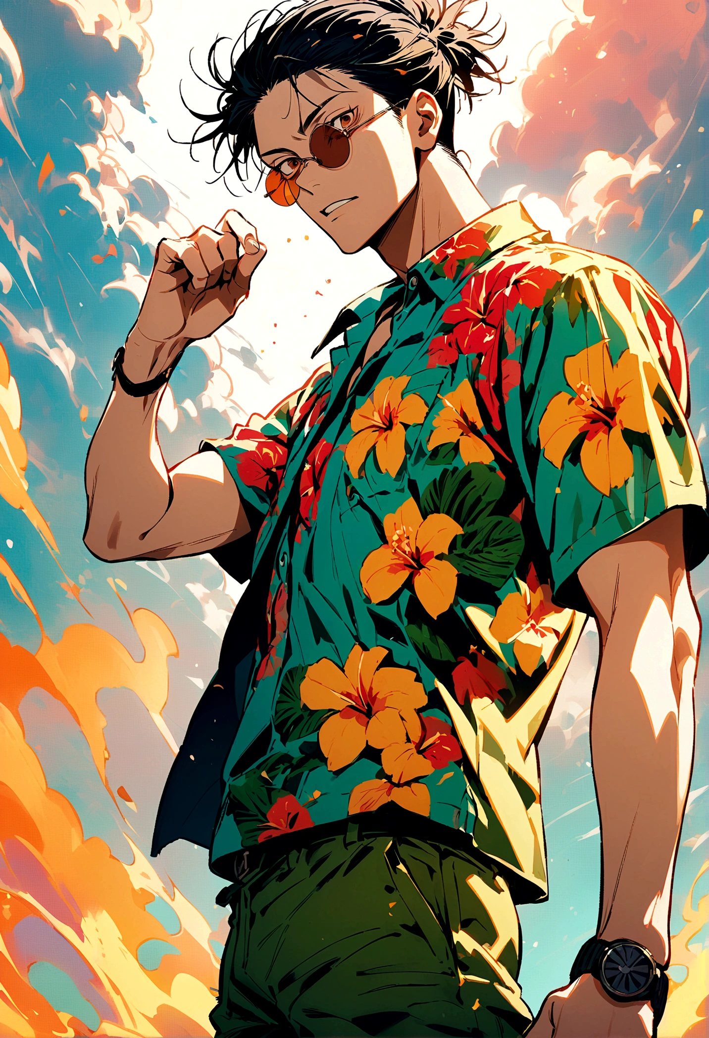 (Masterpiece: 1.4, best quality), two boys, (Hawaiian shirt with a swimsuit with green hair and big eyes with a cute young man: 1.2), (Cool young man with very short blonde hair and red eyes and a swimsuit and Aloha shirt: 1.2), Background sea, water pistol