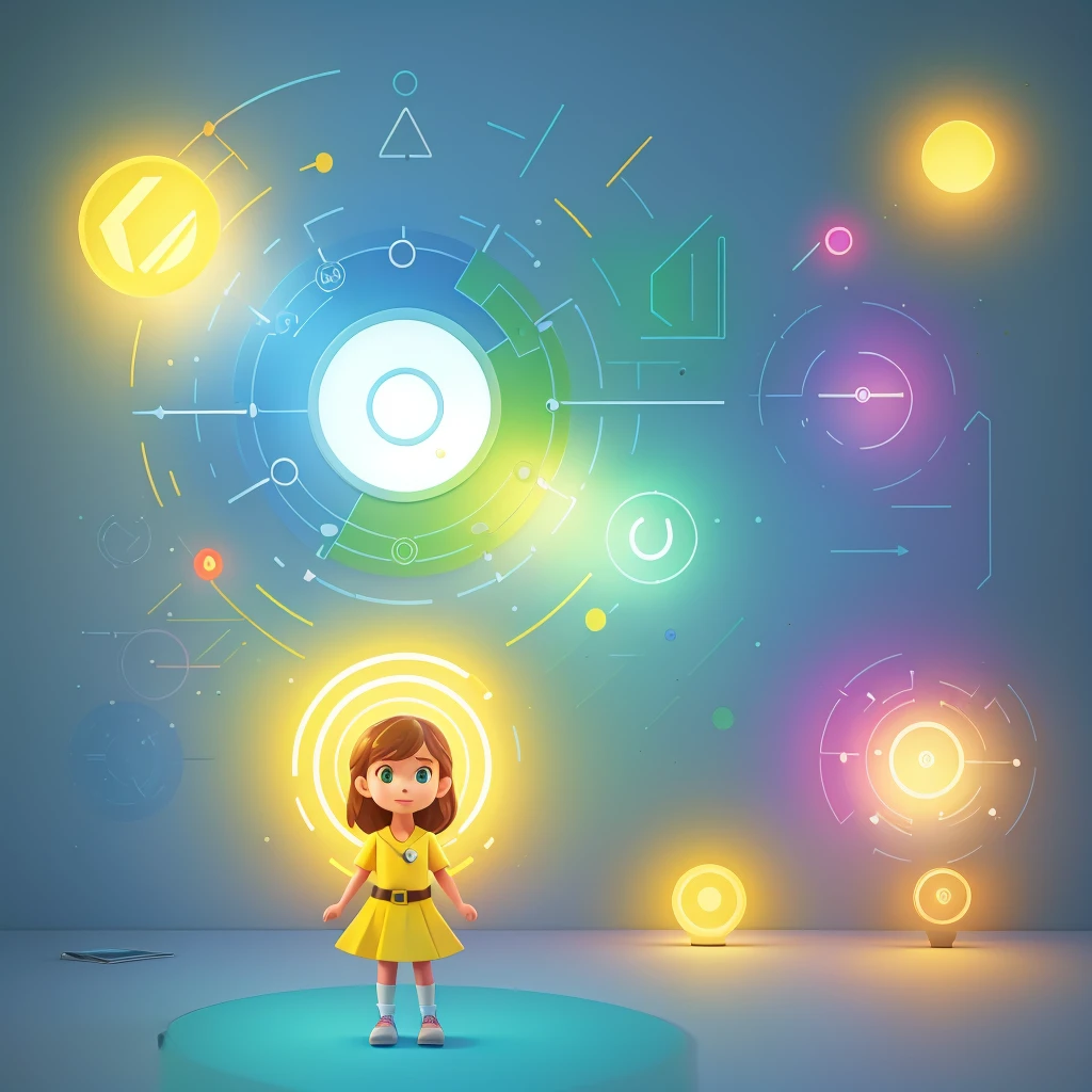 1girl,colorful modern minimalist logo design,educational icons such as open book with light bulb above,interactive elements like arrows and circles around icons,vibrant colors blue,green,yellow,shield or circular frame base,detailed,hyper realistic,cinematic lighting,4k,8k,photorealistic,award winning