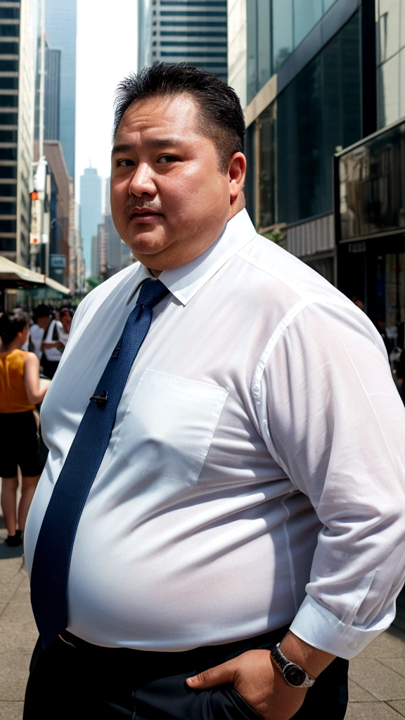 high quality,ultra detailed,best quality,Fat man,50 years old,detailed face,white business shirt transparent with sweat,Black slacks,Cowboy shot,Sweaty,chubby,cityscape,