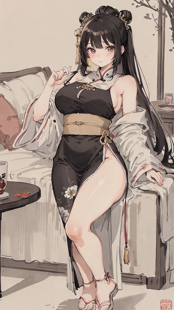 (masterpiece, best quality: 1.2), traditional Chinese ink painting, black hair, brown eyes, huge breasts: 1.5, oversized dress :1.5, Couch, Ultra-detailed face, Detailed eyes, Double eyelid, sfw  ,emphasizing slender abs :1.3, evil smile:1.4, large thighs: 2, large ass:2