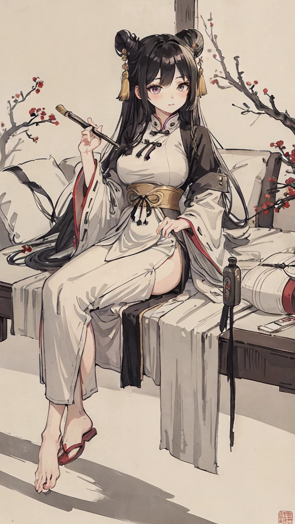 ((high-definition Chinese traditional paint image, hanfu)), eyes realistic sizing, realistic skin, drooping eyes, smiling, (spread legs, pubic hair), ((intense masturbate)), strong sunlight, old fashion, 