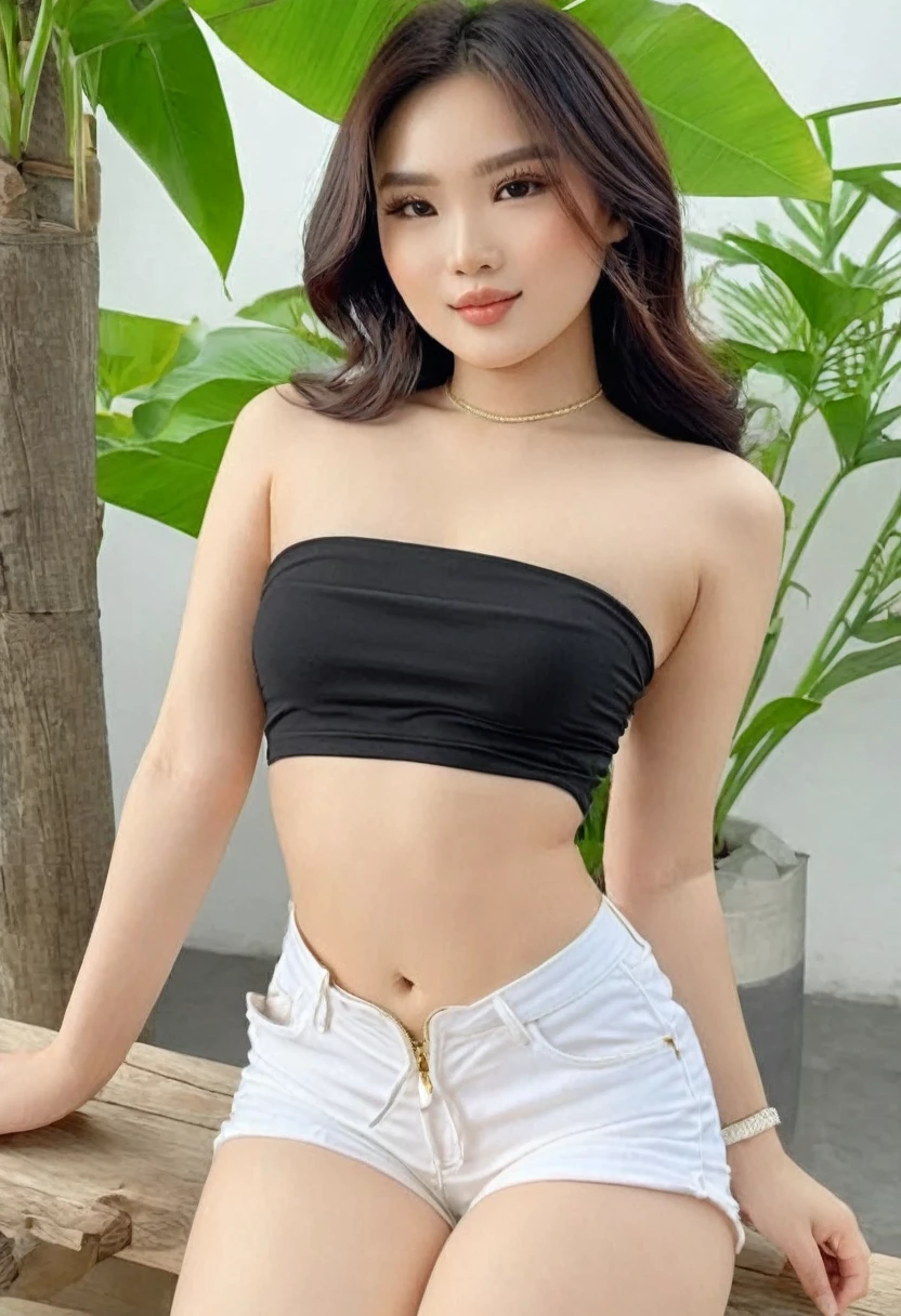 (best high quality:1.5), art of work, (8k), extremely detailed, (High details:1.4), Solo, 24 year old pretty perfect Vietnamese female, (crop strapless, mini-shorts),