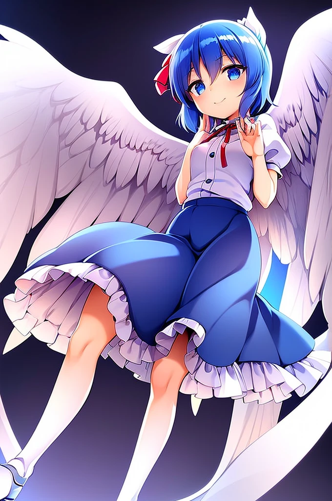 masterpiece, best quality, 1girl, , , 10 years old, medium blue hair, hair flaps, pink ribbon on head, well-formed face, blue eyes, angel girl, white blouse, puffy short sleeves, red ribbon, angel wings, long white skirt, red shoes, frills