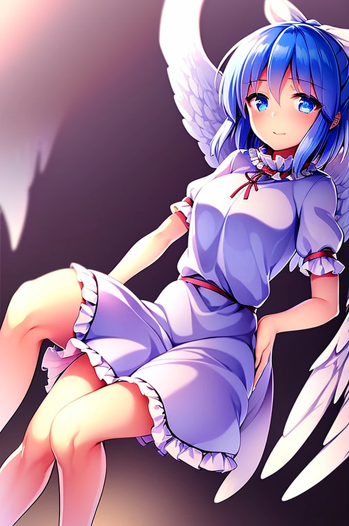 masterpiece, best quality, 1girl, , , 10 years old, medium blue hair, hair flaps, pink ribbon on head, well-formed face, blue eyes, angel girl, white blouse, puffy short sleeves, red ribbon, angel wings, long white skirt, red shoes, frills, ribbon head