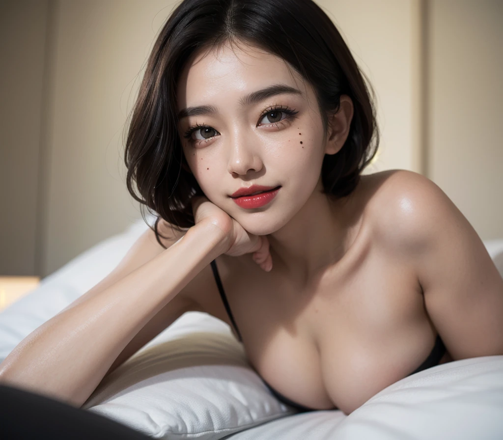 1 girl, 25 years old, south korean, 4k, masterpiece, realistic, realistic textures, frekles under eyes, short whavy black hair, bob hair, shining brown pupils, detailed pupils, red lips, red eyeliners, happy, big smile, closed mouth, a mole in neck, multiple of frekles under eyes, detailed face, lying in bed, facing camera, bright colors, close up, face focus.