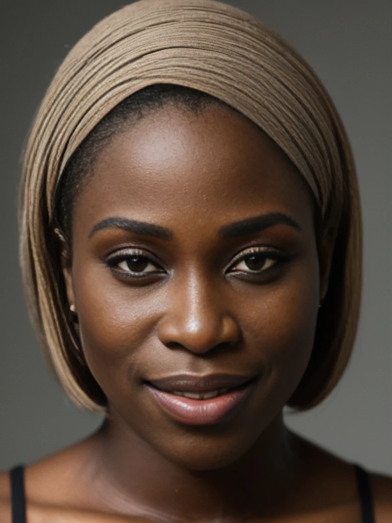 Serena, ((consistent face and image)), (30 years old), (ugly_face:1.3), (Nigerian mature woman), (Nigerian nose) (dark skin tone), (bob cut), 1girl, solo, grainy, amateur photo, smile