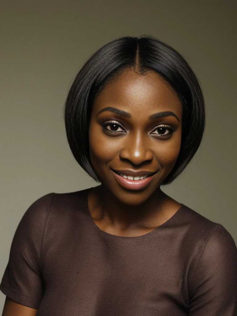 Serena, ((consistent face and image)), (30 years old), (ugly_face:1.3), (Nigerian mature woman), (Nigerian nose) (dark skin tone), (bob cut), 1girl, solo, grainy, amateur photo, smile
