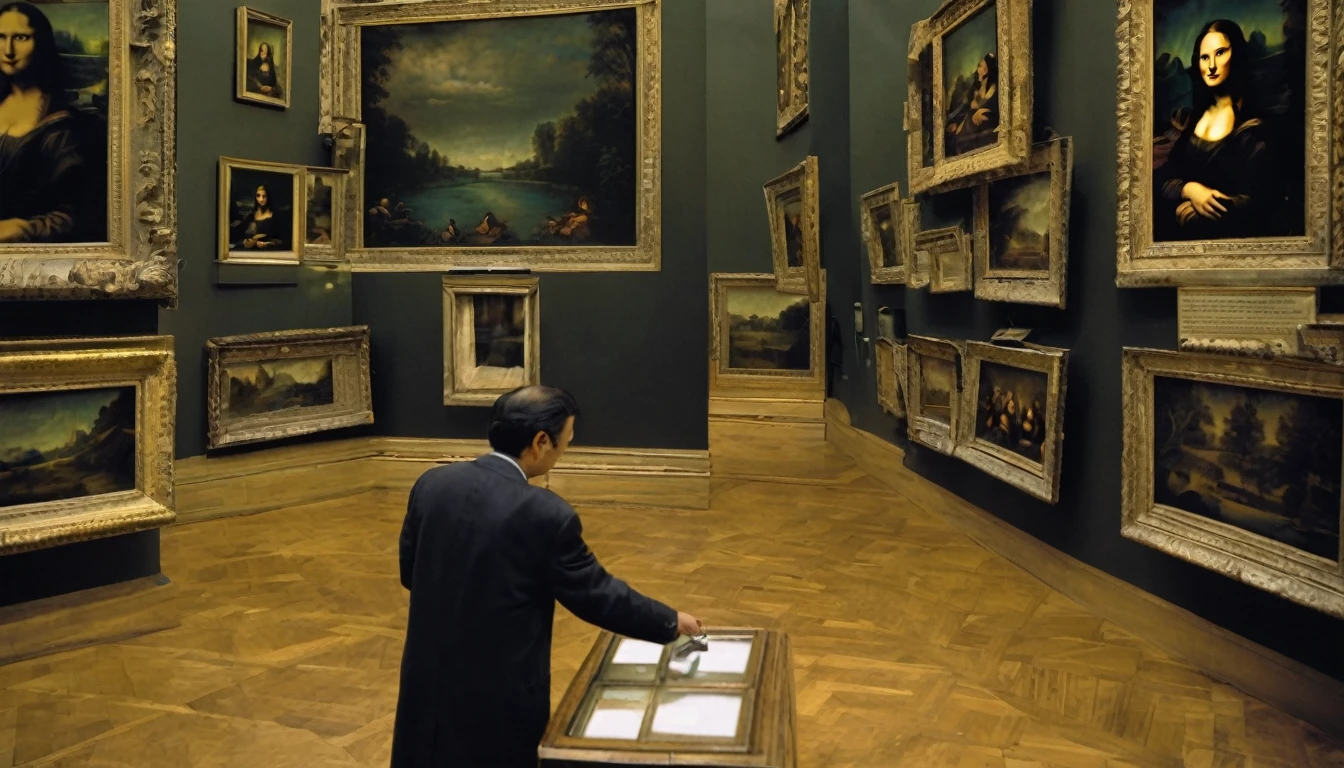 A man with a magnifying glass investigating the theft of the Mona Lisa at the museum