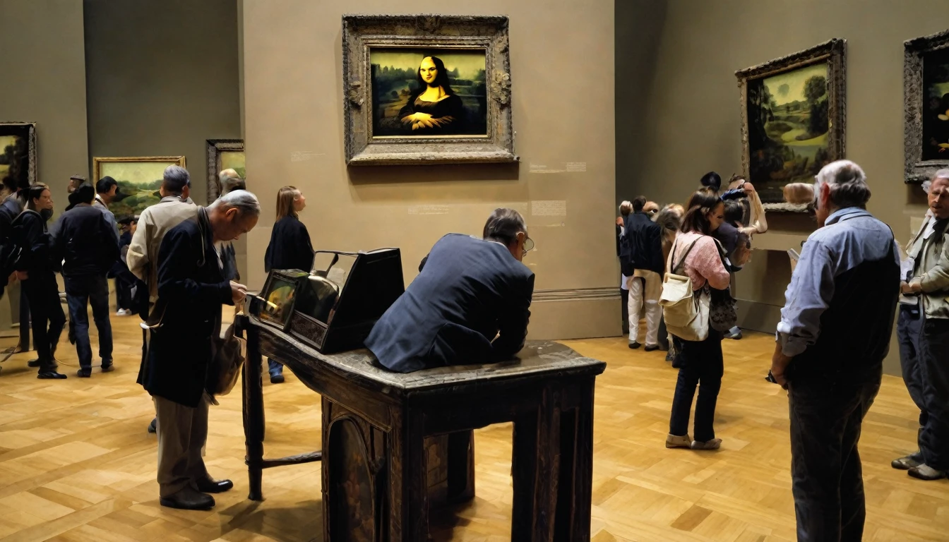 A man with a magnifying glass investigating the theft of the Mona Lisa at the museum
