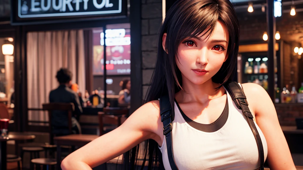 (, blush, 20-year-old, Narrow eyes) (Realistic: 1.4), alone, Highest quality, Very delicate and beautiful, High resolution, One girl, Tifa_Lockhart, smile, Cowboy Shot, suspenders, Low rise, mini skirt, Tank top, Tense shirt, Black Hair, Long Hair, Elbow hand pockets, Beautiful and detailed red eyes, Face Light, Cinema Lighting, belly button, ( Huge breasts: 1.0), Old Bar, The background is blurred, Fluttering Hair,  Beautiful woman