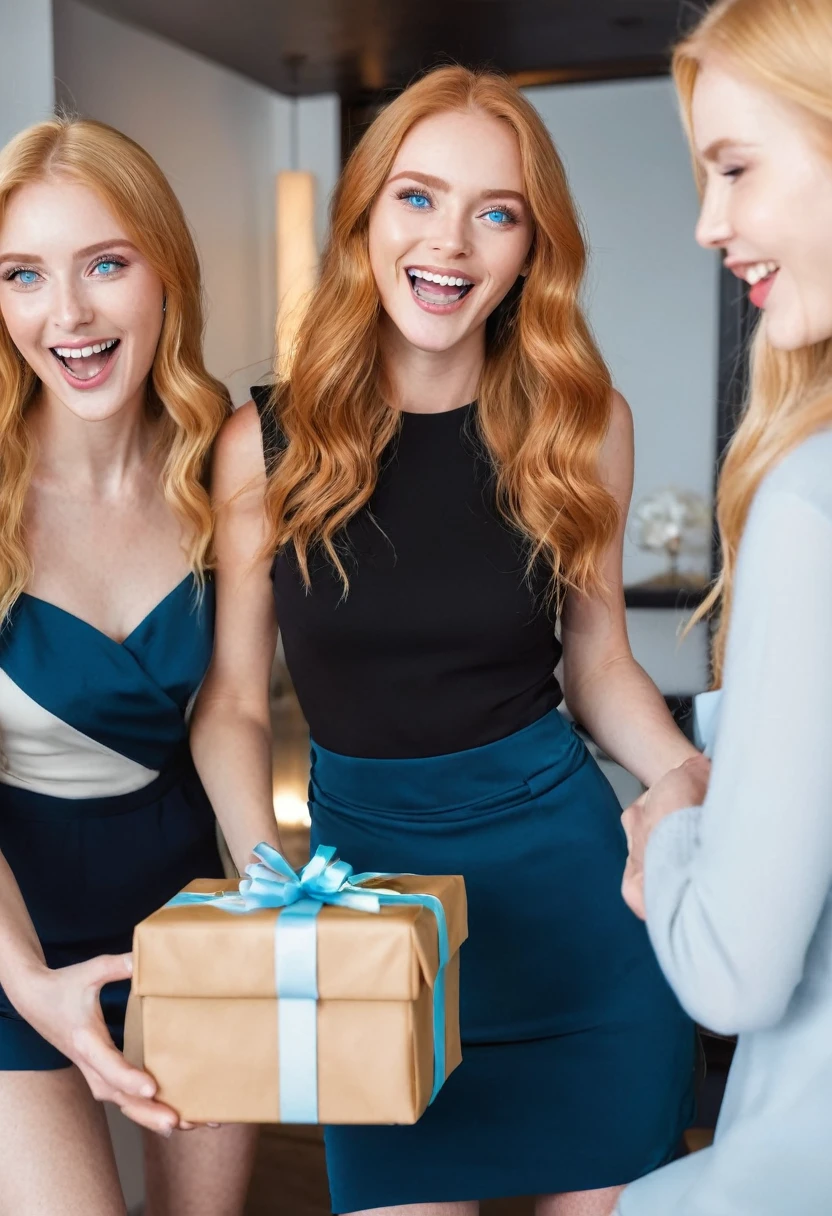 Redhead model with blue eyes, has birthday today, She is happy about your gifts, which are still packed, two model friends, with long blonde hair, laugh and hand over another gift.