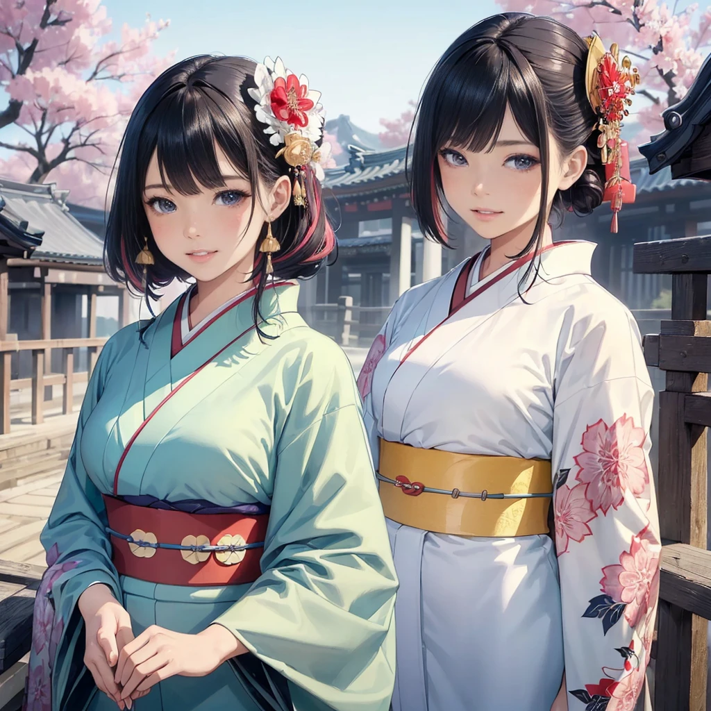 masterpiece、Highest quality、High resolution、High-quality images、8K, 1 female、Skin Radiance、Texture of skin and clothing、Expression of fine eyes、realism, detailed manga style, Manga art style, Perfect Line Drawing, Beautiful line art, digital manga art girl, K-POPアイドル, Fuller lips, Gorgeous face with attention to detail, (Cute Smile), attractive, (Perfectly detailed face), (Detailed and carefully drawn hand) Photorealistic images, Written boundary depth, Japanese style princess cut hairstyle, best quality, masterpiece, New Year, (Kimono with strikingly beautiful colors:1.7), Three Japanese high-school cute girls, looking straight, gently smiling, white short scarf, white feather shawl, (separately side by side:1.4), (The image shows only the upper body:1.7), shrine background,winter(season),(outdoors:1.5)