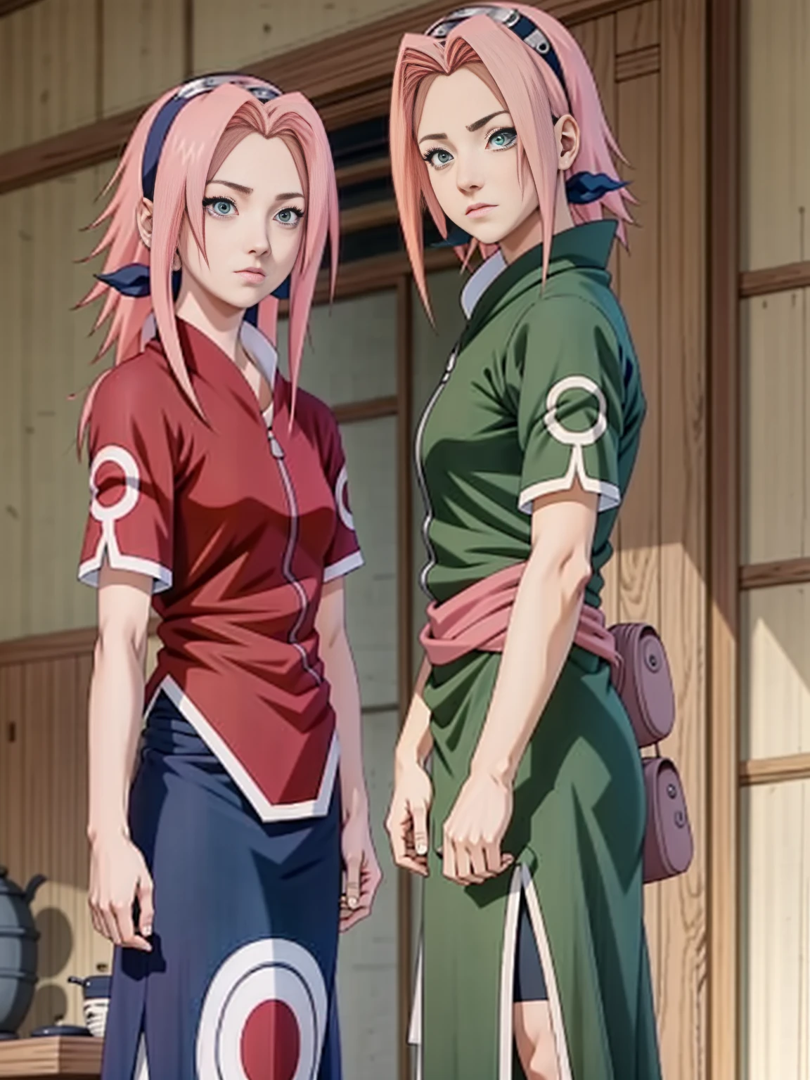 Japanese cartoons girl with pink hair and green eyes staring at something, Sakura Haruno, Sakura Haruno in slug sage mode, Sakura Haruno, Golden Eye Circle, Japanese cartoons火影”,Gold Collar, Pure white off-shoulder top,screenshot from a 2012s Japanese cartoons, Fine details. Japanese cartoons. From "Final Fantasy 13", as an Japanese cartoons character