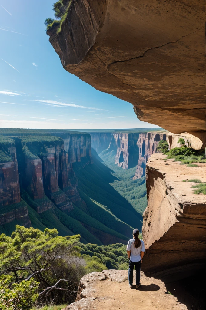 Background: A person standing confidently at the edge of a cliff, looking out over a vast landscape.