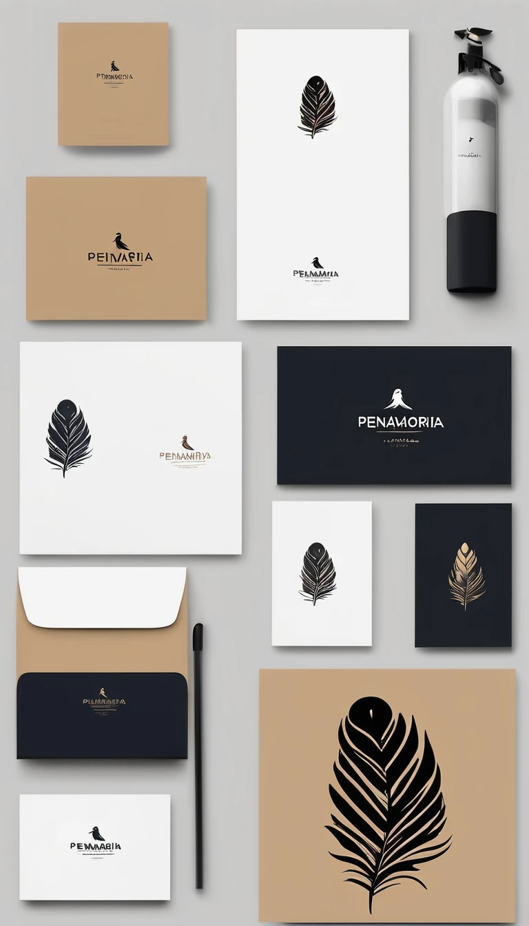 A minimal, modern, simple, cinematic logo design for the brand “Penamemoria". Create a modern, minimalistic, high-quality, logo of a bird feather