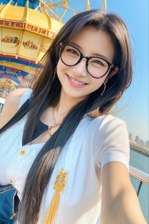 Highest quality、masterpiece、High sensitivity、High resolution、Detailed Description、One person、Slender women、Slim Body、Glasses、Ride the Ferris wheel、sit opposite、smile、The view is from a high point、