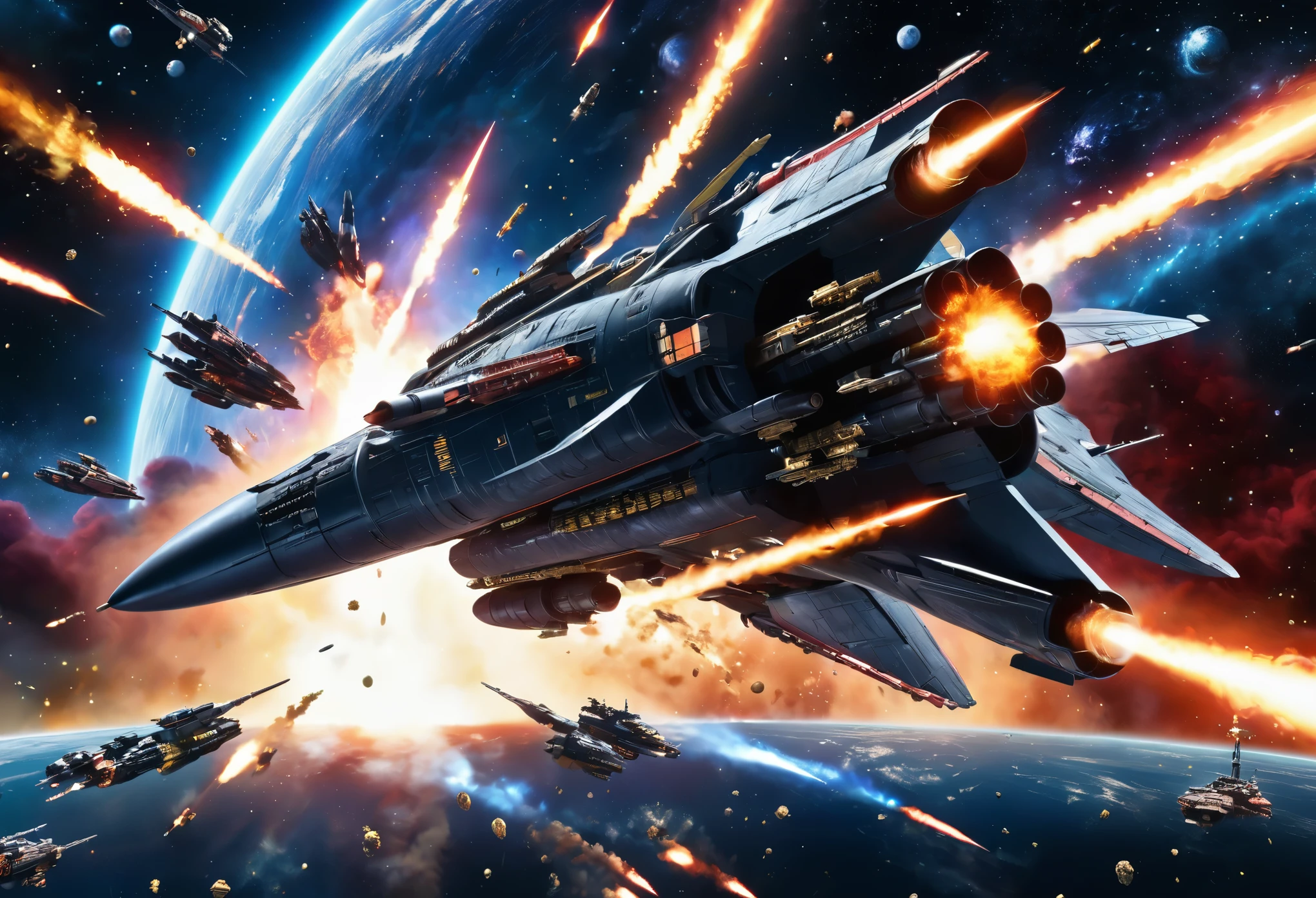 Insanely detailed Space Battleship Yamato, firing main guns, flying through a nebula in space. Perfect composition. Elaborate background. Professional photography, bokeh, natural lighting, canon lens, shot on dslr 64 megapixels sharp focus
