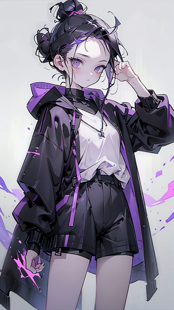 boy. thoughtful look. open forehead. black and purple hair tied in a bun on the left side to one side. sinuous black horns wrapped in dark purple ribbon. pale violet eyes. in short dark purple shorts. long white T-shirt. dark purple knee-high socks. dark purple long cloak with hood. view from the 100th floor of a cozy gray room