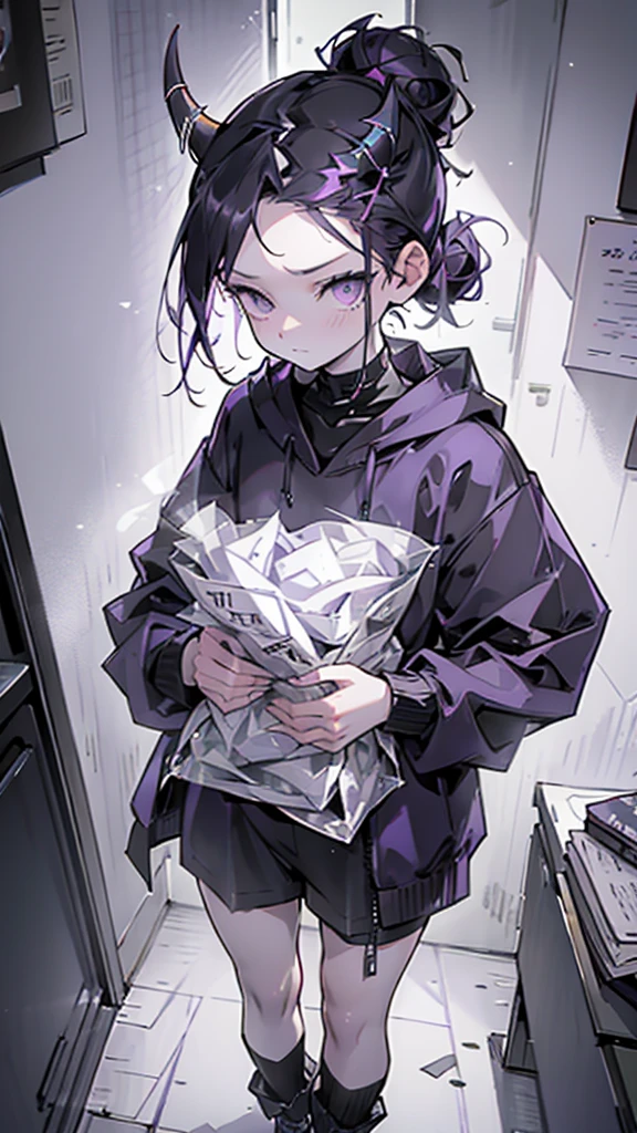 boy. thoughtful look. open forehead. black and purple hair tied in a bun on the left side to one side. sinuous black horns wrapped in dark purple ribbon. pale violet eyes. in short dark purple shorts. long white T-shirt. dark purple knee-high socks. dark purple long cloak with hood. view from the 100th floor of a cozy gray room