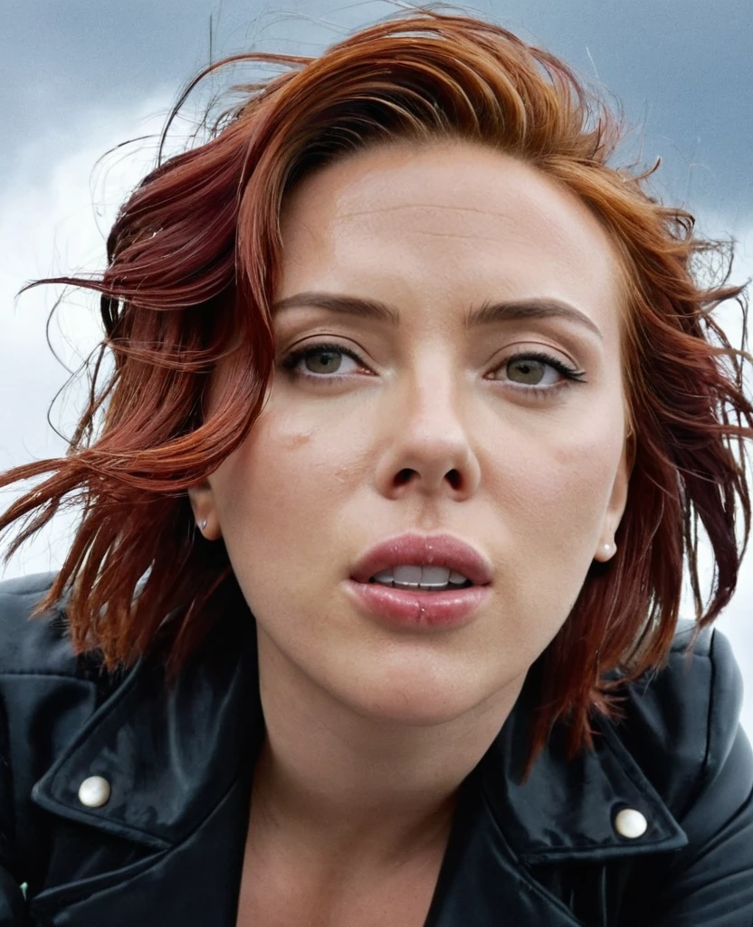 1 girl. Scarlett Johanson. Red hair. Black jacket. Neckline. Sweating. Perspiration. Wet sweat. Orgasm face. Open mouth. Looking to the camera. Cloudy sky. Looking down. Low angle. At chest height. ((View from below))