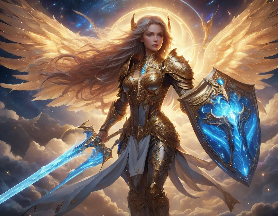 arafed a warrior angel in space battling in the stars, a female angel knight, magnificent beauty, divine beauty, dynamic hair color, dynamic hair color, dynamic eye color, intent gaze, she wears intricate space armor, with intricate mechanic parts, white angelic wings spread, magnificent wings, glorious wings, outer space background, stars, vibrant, Ultra-high resolution, High Contrast, (masterpiece:1.5), highest quality, Best aesthetics), best details, best quality, highres, (ultra wide angle: 1.2), 16k, ultra detailed, masterpiece, best quality, (extremely detailed),aetherpunkai, GlowingRunesAI_paleblue, Sword and shield