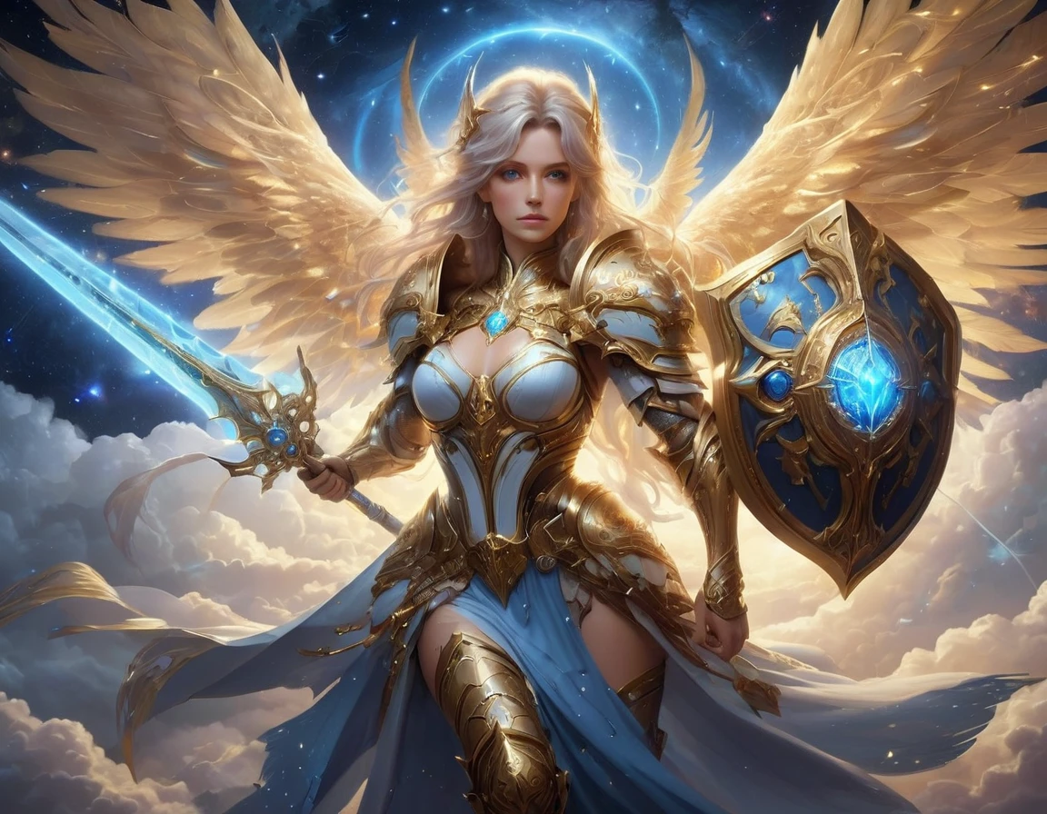 arafed a warrior angel in space battling in the stars, a female angel knight, magnificent beauty, divine beauty, dynamic hair color, dynamic hair color, dynamic eye color, intent gaze, she wears intricate space armor, with intricate mechanic parts, white angelic wings spread, magnificent wings, glorious wings, outer space background,  stars, vibrant, Ultra-high resolution, High Contrast, (masterpiece:1.5), highest quality, Best aesthetics), best details, best quality, highres, (ultra wide angle: 1.2), 16k, ultra detailed, masterpiece, best quality, (extremely detailed),aetherpunkai, GlowingRunesAI_paleblue, Sword and shield