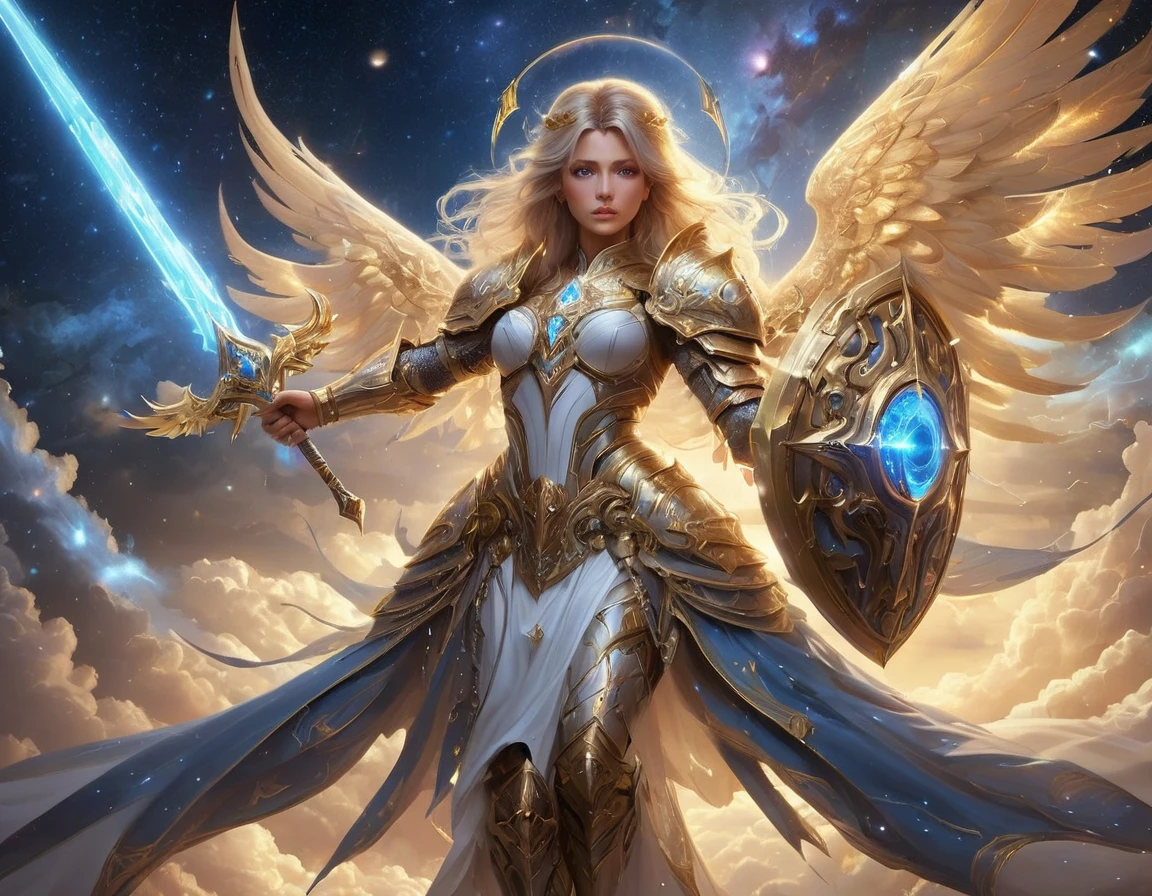 arafed a warrior angel in space battling in the stars, a female angel knight, magnificent beauty, divine beauty, dynamic hair color, dynamic hair color, dynamic eye color, intent gaze, she wears intricate space armor, with intricate mechanic parts, white angelic wings spread, magnificent wings, glorious wings, outer space background,  stars, vibrant, Ultra-high resolution, High Contrast, (masterpiece:1.5), highest quality, Best aesthetics), best details, best quality, highres, (ultra wide angle: 1.2), 16k, ultra detailed, masterpiece, best quality, (extremely detailed),aetherpunkai, GlowingRunesAI_paleblue, Sword and shield