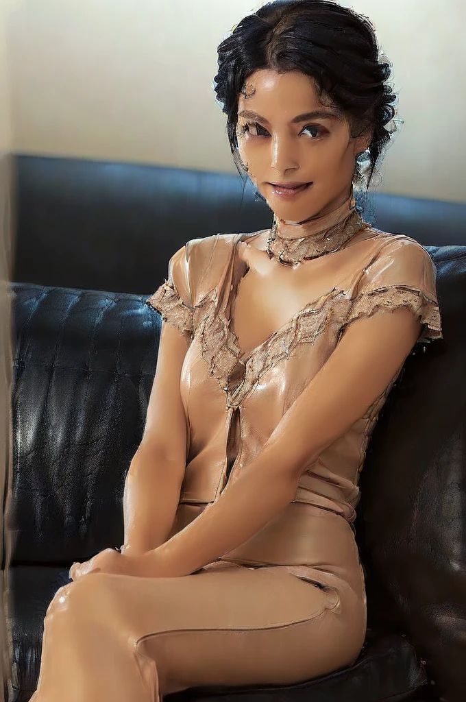 (((Ultimate Photorealistic, ultimate high-quality 32k photo:1.5))),(((American-shot photo taken from the front, looking at viewer seriously ))),(((( Seductive pose, 7 heads、Staring Intently :1.8)))),(((A simple and elegant short-sleeved business blouse with a wide open V-neck and deep brown-beige lacy extremely thin silk.、She is looking straight at the camera with a very shy look on her face.。light makeup、elegant black wet middle bob。An elegant and simple very thin choker in deep beige.:1.4)))。(((Accurate and beautiful、Drawing of thighs, knees and calves)))、((Highest quality)), ((masterpiece)), (((detailed))), (((midnight ,Modern hotel bar on a dark pouring stormy night, She is sitting elegantly on a luxurious black leather sofa. , Low Key Lighting:1.9)))、(((A very beautiful, extremely elegant and intelligent 42 year old Japanese woman。A feminine, curvaceous body。Beautiful line from hips to thighs、Extremely beautiful legs and calves、Her cleavage and thighs are extremely visible.、An extremely elegant, calm and modest smile, My eyes are extremely watery、I'm very horny、embarrassed ,blush, Curvy Body、Extremely realistic, detailed and beautiful depiction of the face, waist and thighs,Beautiful knees:1.9)))、(((The skin is white and very soft。A very hot rainy summer night、I'm pretty sweaty、The clothes are quite see-through、When wet, it sticks tightly to the skin, revealing the beautiful lines of the body.、The skin is clearly visible through the extremely thin fabric.:1.9)))。(((A simple, elegant, and sheer knee-length tight skirt in a deep brown-beige color with detailed lace detailing.,The clothes fit the body very well:1.8))), ((Healthy Body、The line of the chest, collarbone and extremely beautiful and feminine décolleté are the ultimate beauty.:1.9))。(((large&good hips、large&nice chests )))